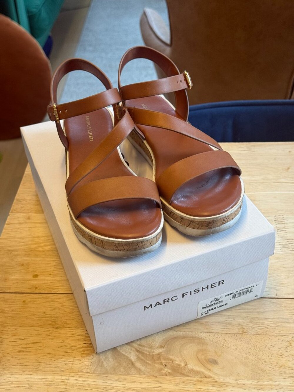 Marc Fisher Grandie Sandals (Cognac Brown Size 7 Strappy Flatform Wedge)
